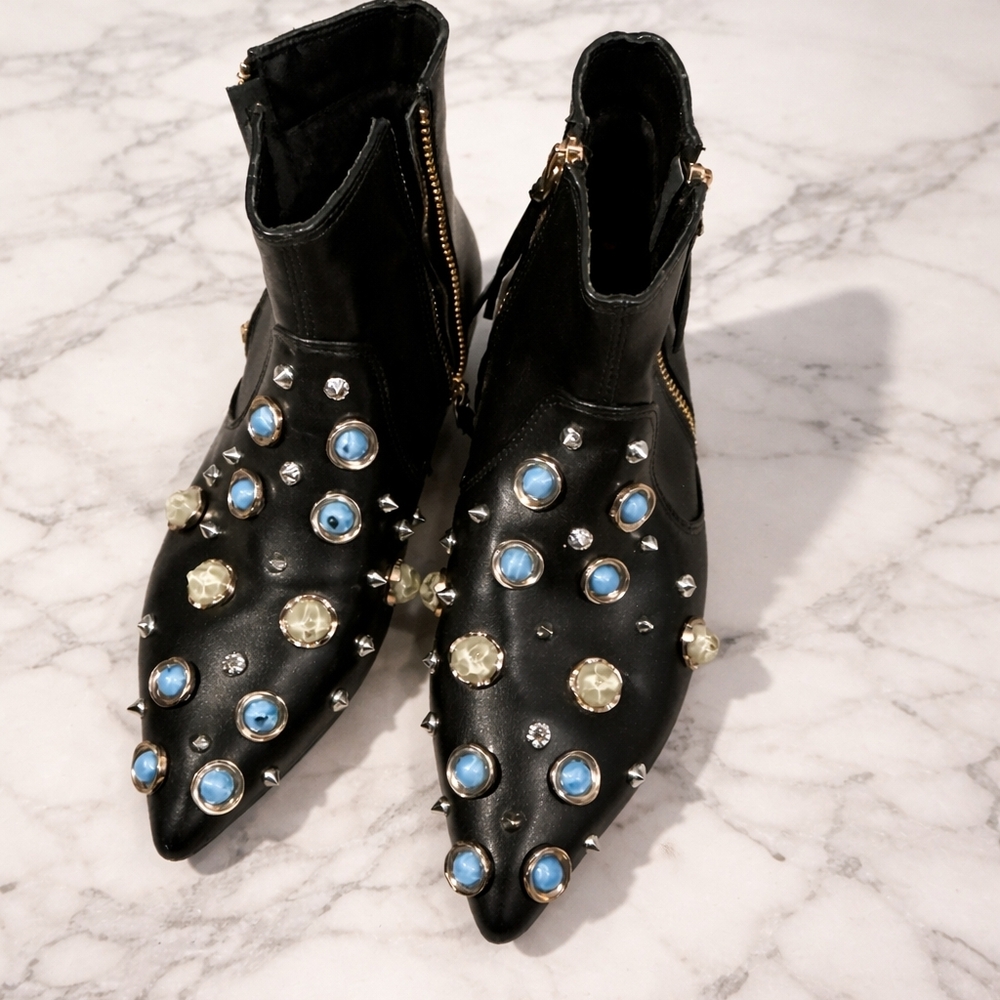 Studded Black Ankle Boots with Blue Accents